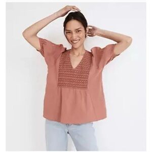 Madewell Rust Embroidered Bib Blouse, Size XS